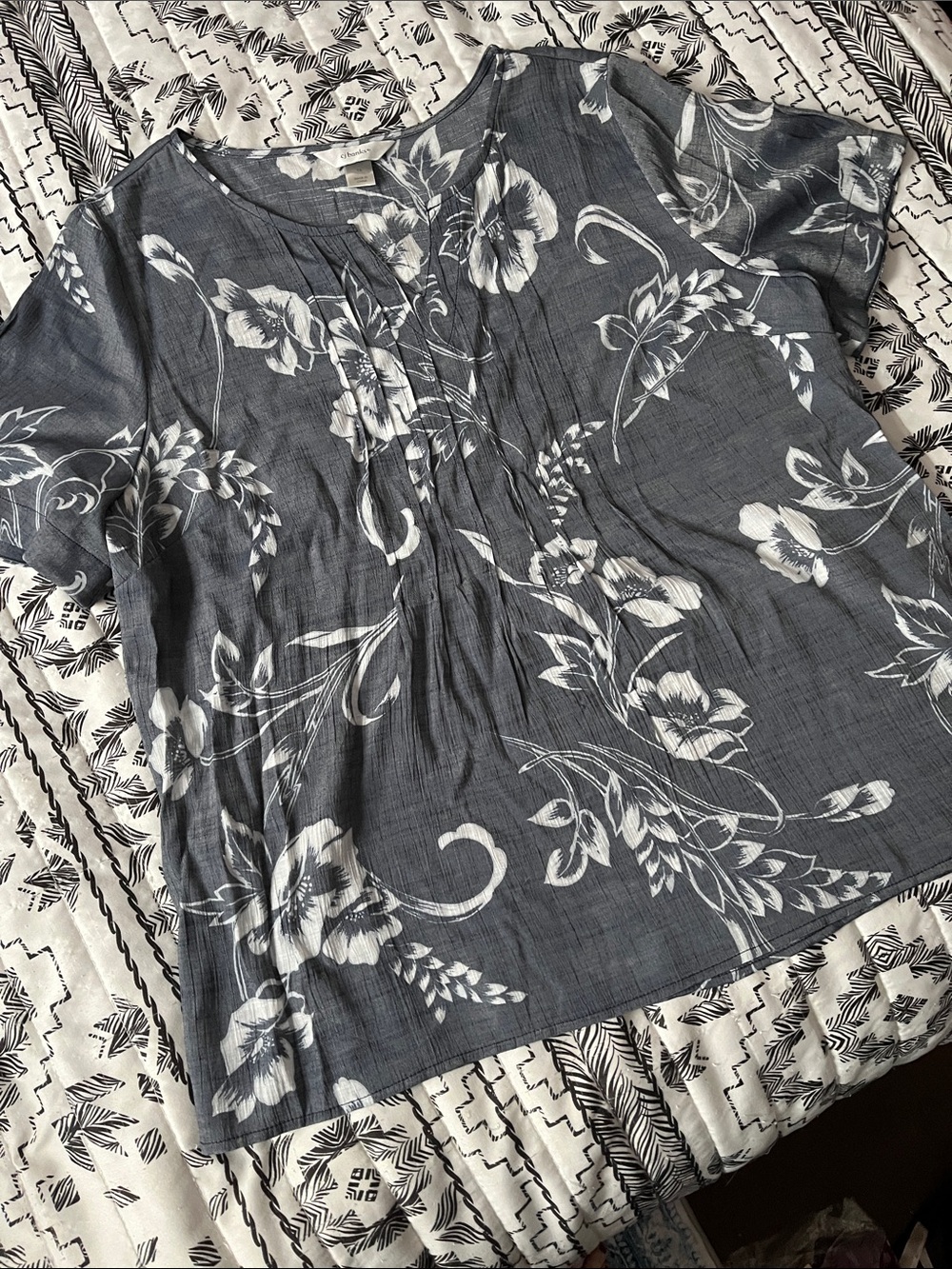 CJ Banks Women's Blouse Short-Sleeve Top - Slate Blue & White